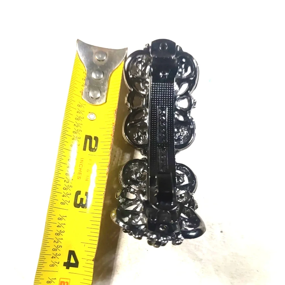 Hair Barrette Tension Clip Black Metal Black Rhinestone Goth Dance